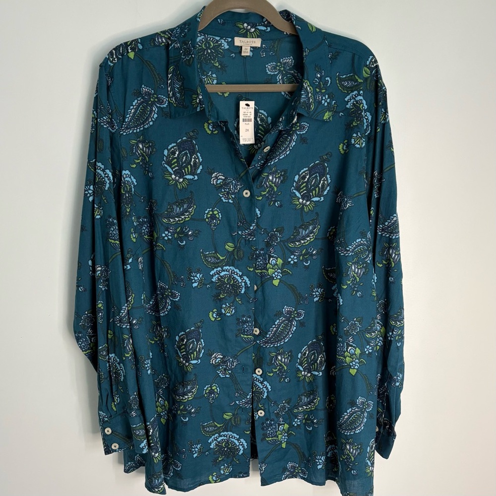 Talbots Teal and Blue Patterned Top Size 2X NWT